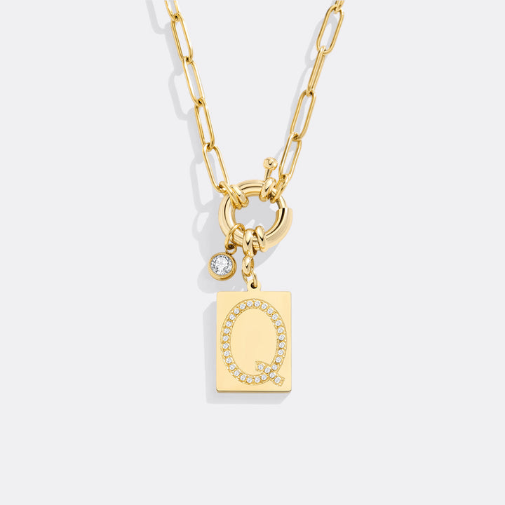 Pave Initial Pendant Necklace with Paperclip Chain