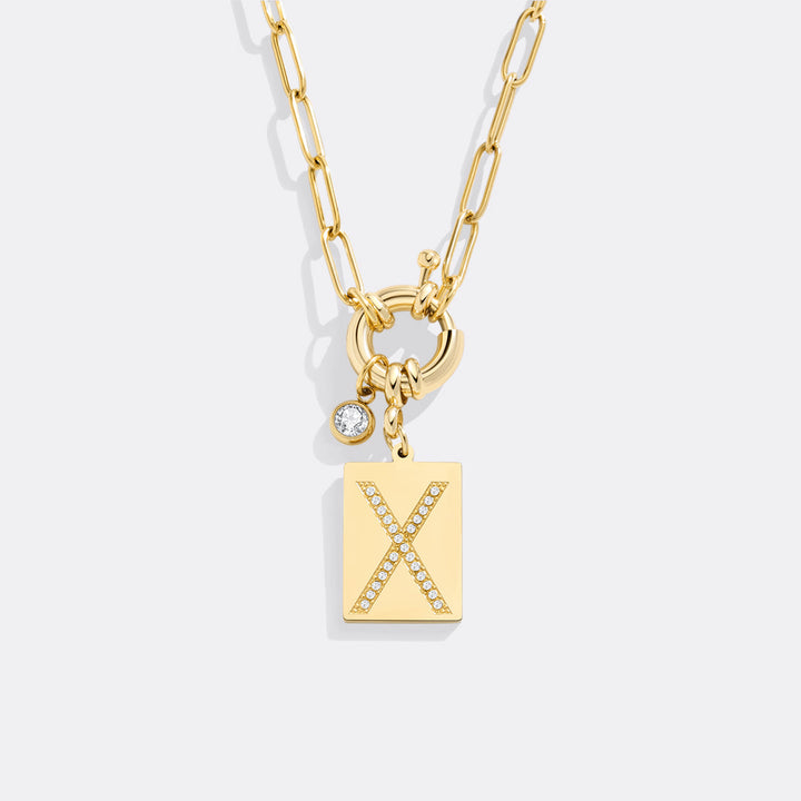 Pave Initial Pendant Necklace with Paperclip Chain