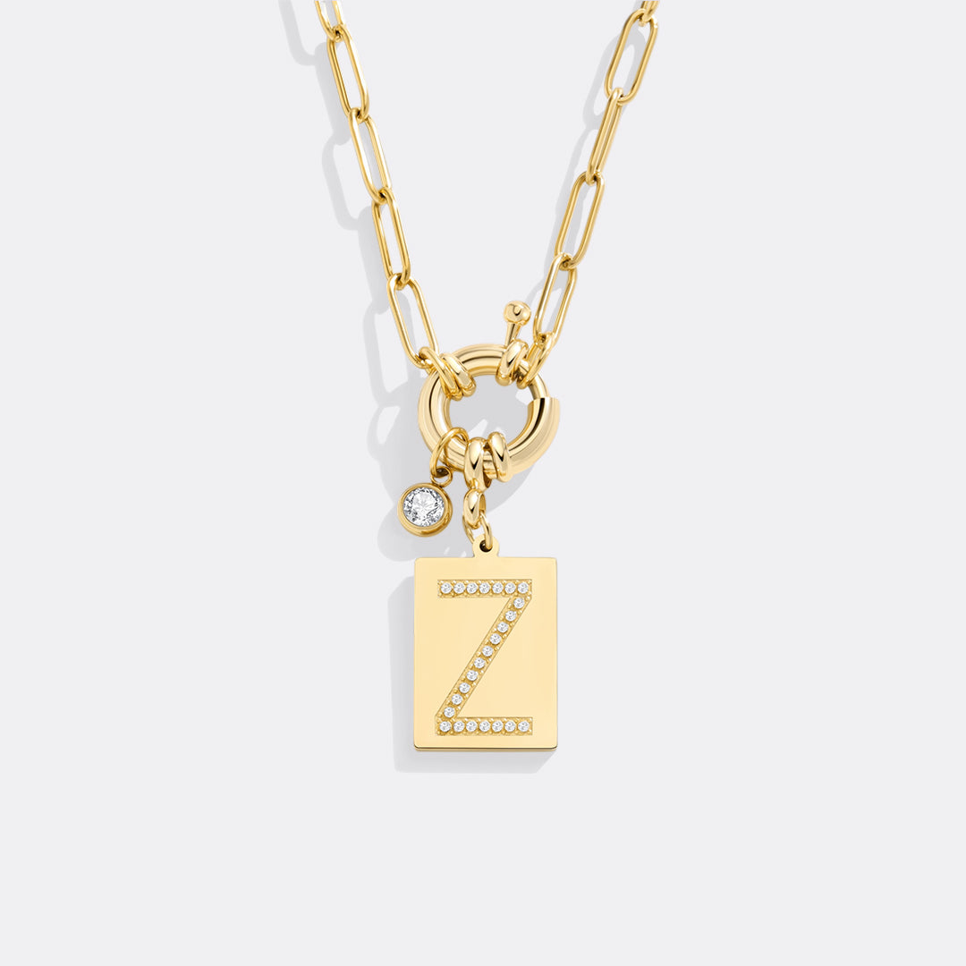 Pave Initial Pendant Necklace with Paperclip Chain