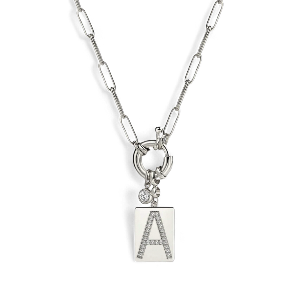 Collier pendentif initial pavé avec chaîne trombone  
