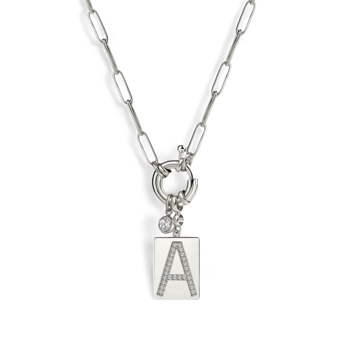 Collier pendentif initial pavé avec chaîne trombone  