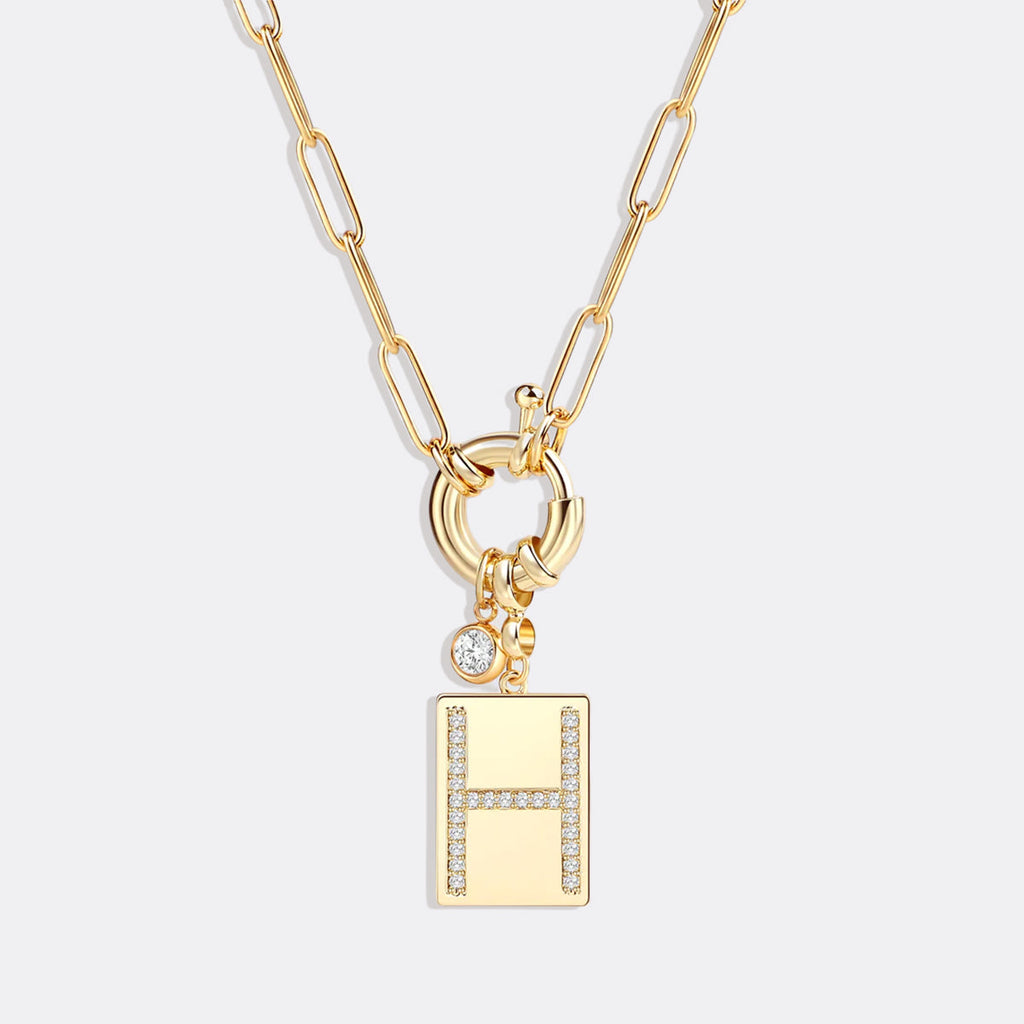 Collier pendentif initial pavé avec chaîne trombone  