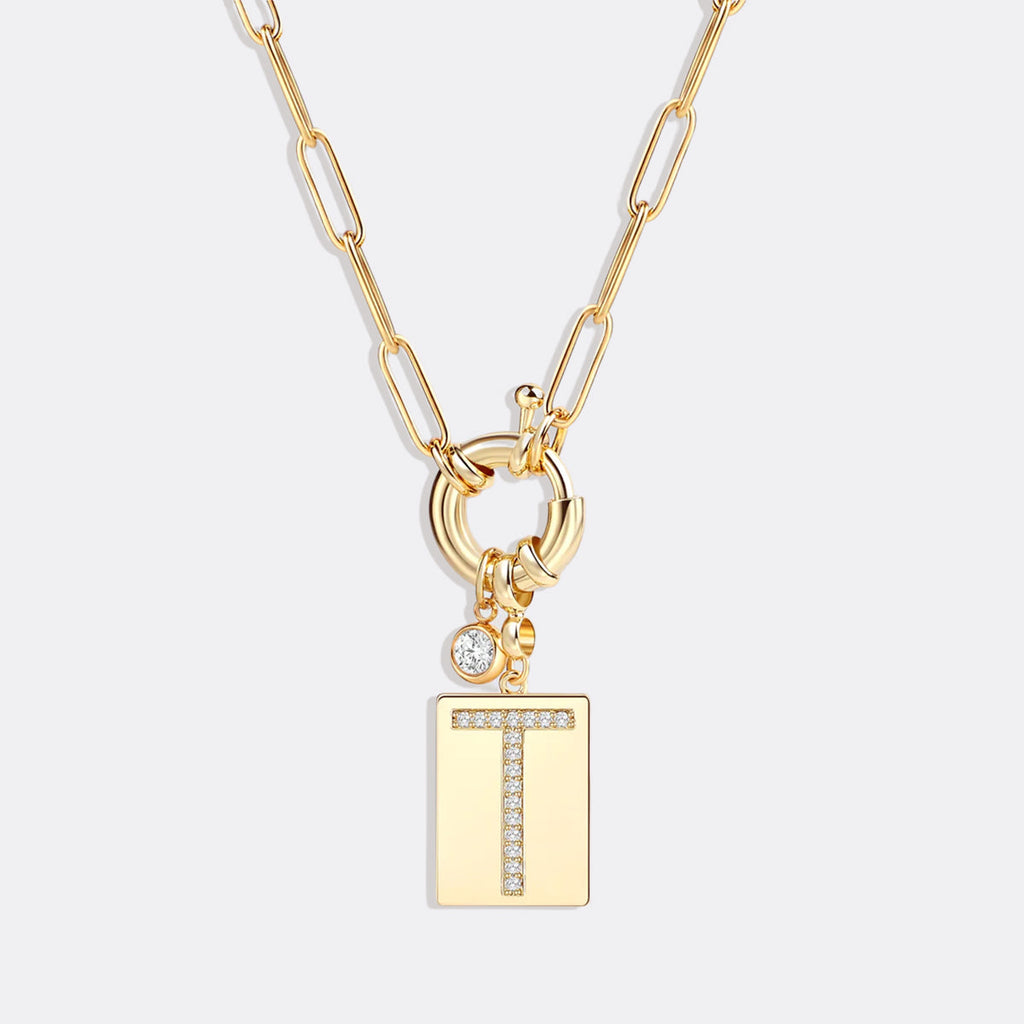 Collier pendentif initial pavé avec chaîne trombone  