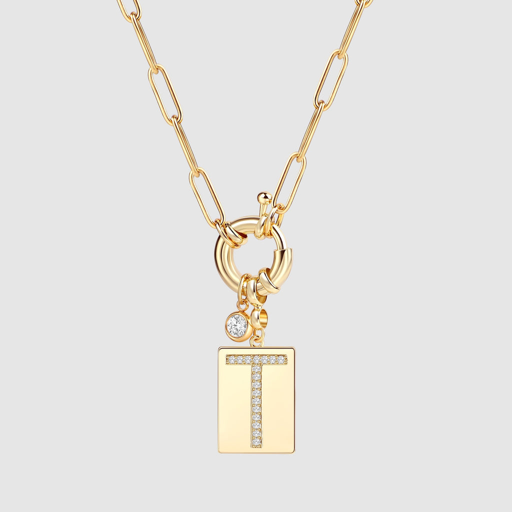 Collier pendentif initial pavé avec chaîne trombone  
