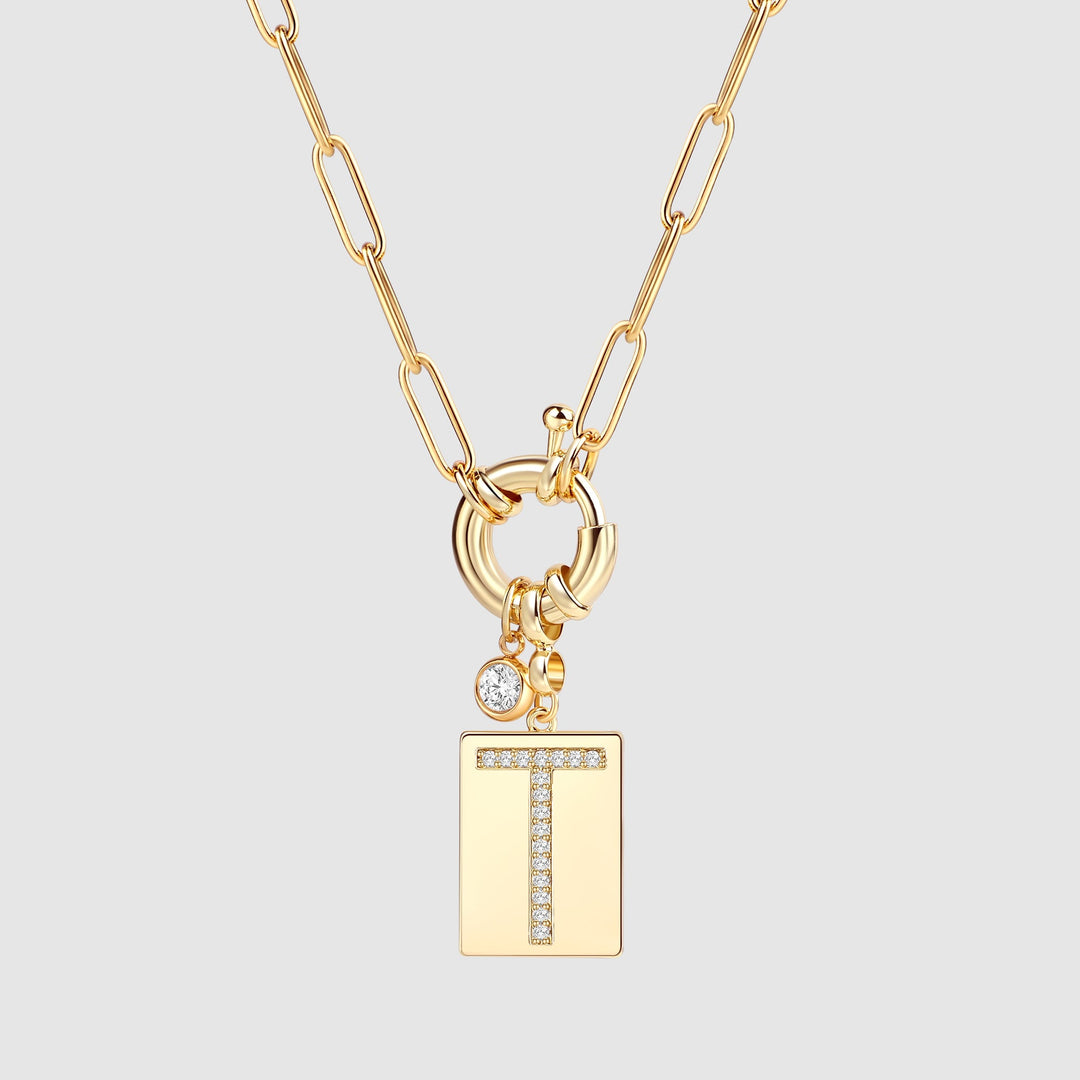 Pave Initial Pendant Necklace with Paperclip Chain