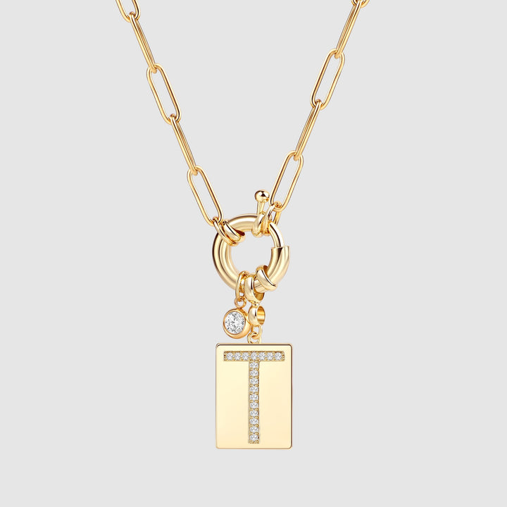 Pave Initial Pendant Necklace with Paperclip Chain