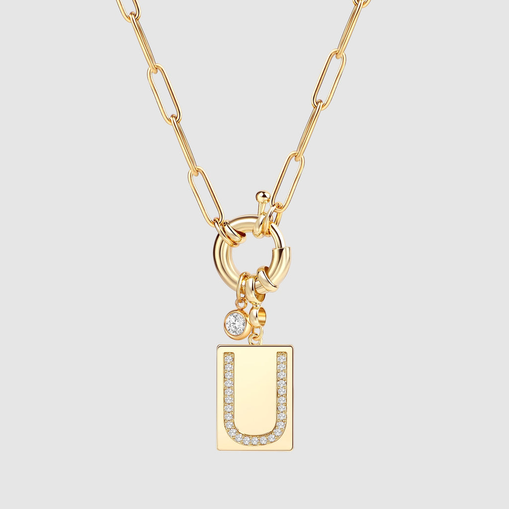 Collier pendentif initial pavé avec chaîne trombone  