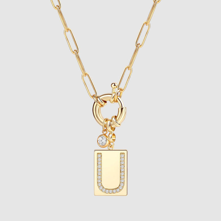 Pave Initial Pendant Necklace with Paperclip Chain