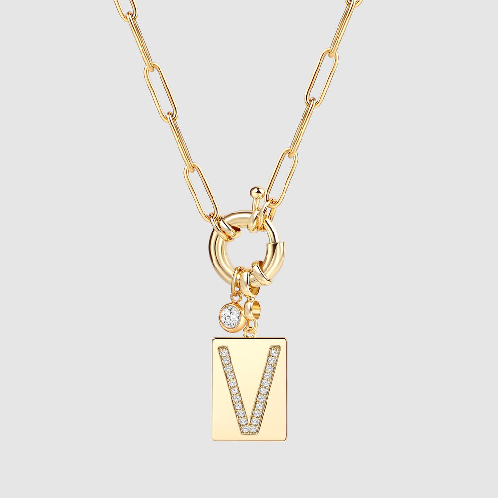 Collier pendentif initial pavé avec chaîne trombone  