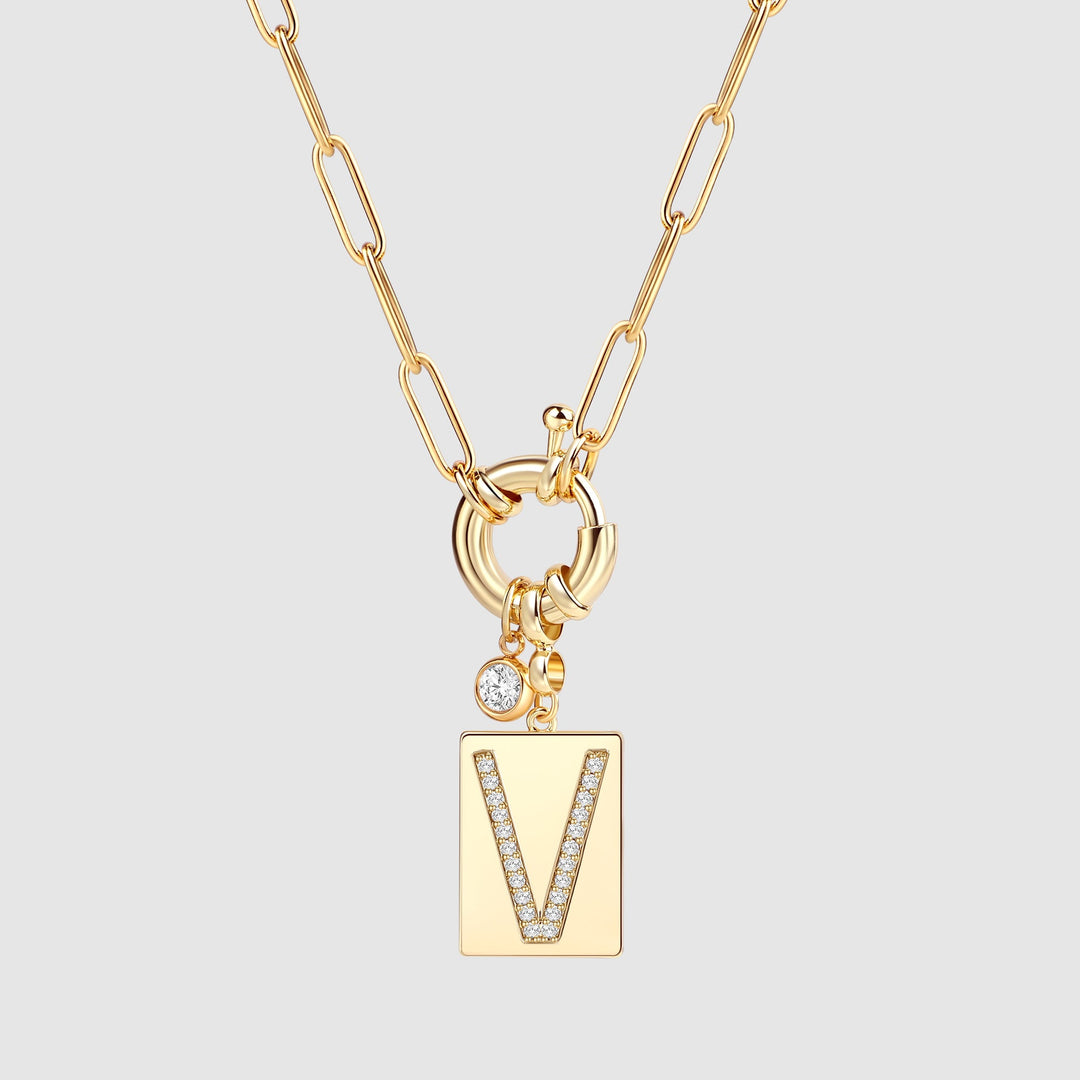Pave Initial Pendant Necklace with Paperclip Chain