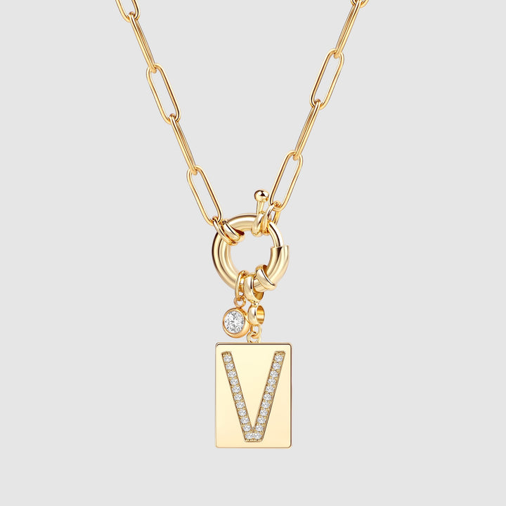 Pave Initial Pendant Necklace with Paperclip Chain