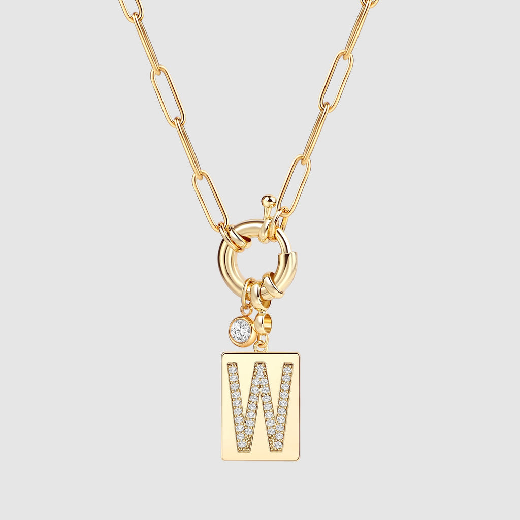 Collier pendentif initial pavé avec chaîne trombone  
