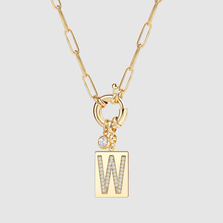 Pave Initial Pendant Necklace with Paperclip Chain