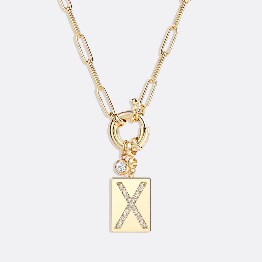 Collier pendentif initial pavé avec chaîne trombone  