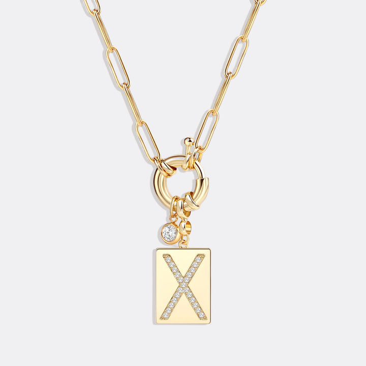 Pave Initial Pendant Necklace with Paperclip Chain