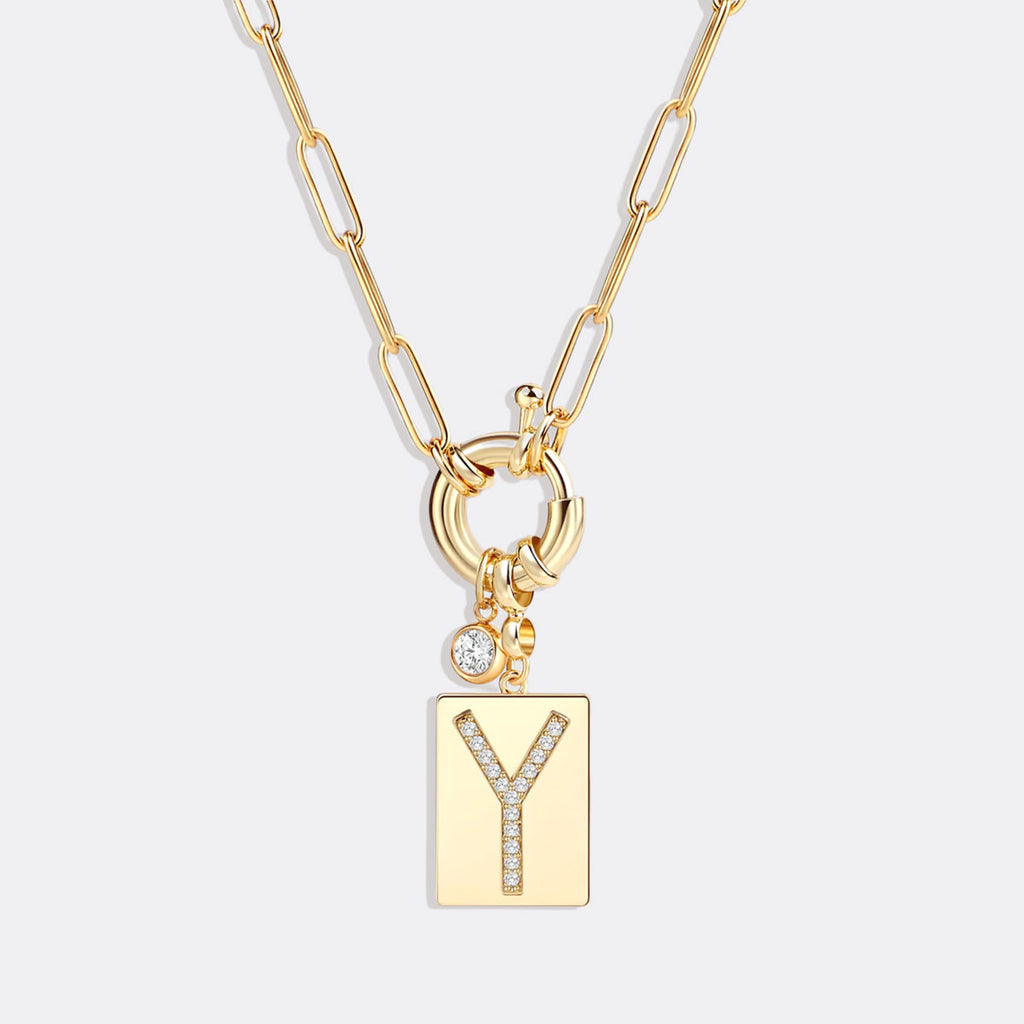 Collier pendentif initial pavé avec chaîne trombone  