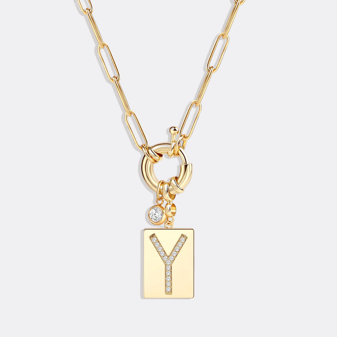 Pave Initial Pendant Necklace with Paperclip Chain