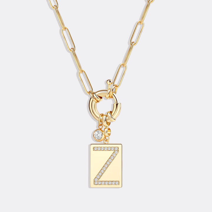 Pave Initial Pendant Necklace with Paperclip Chain
