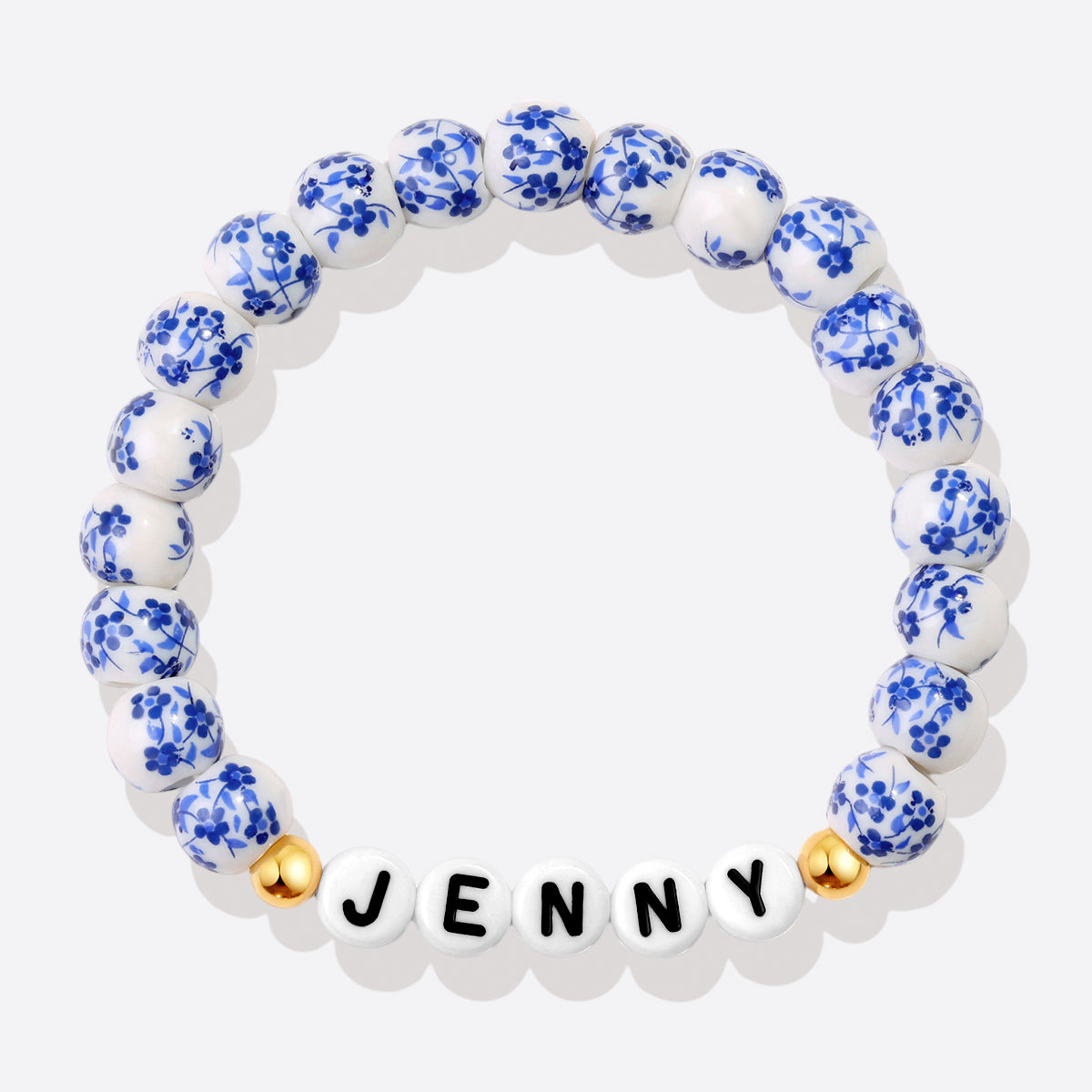 Perlenarmband mit personalisiertem Namen, blauem Porzellan und Blumenmuster