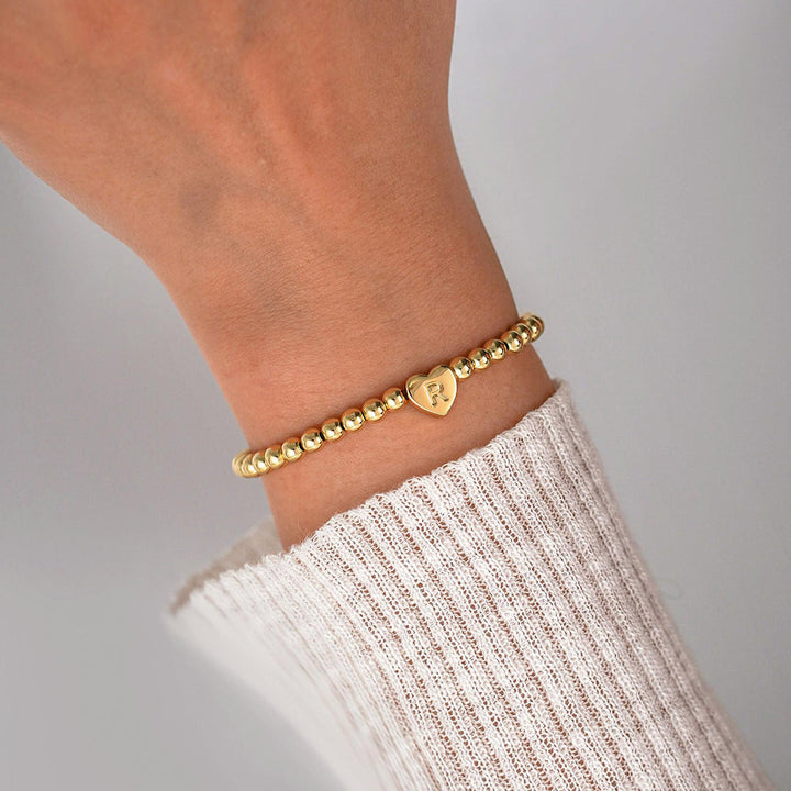 Gold Beaded Bracelet with Heart Initial