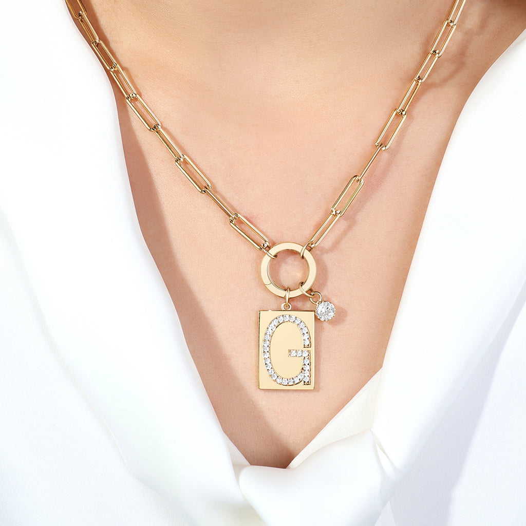 Gold Pave Initial Pendant Necklace with Paperclip Chain