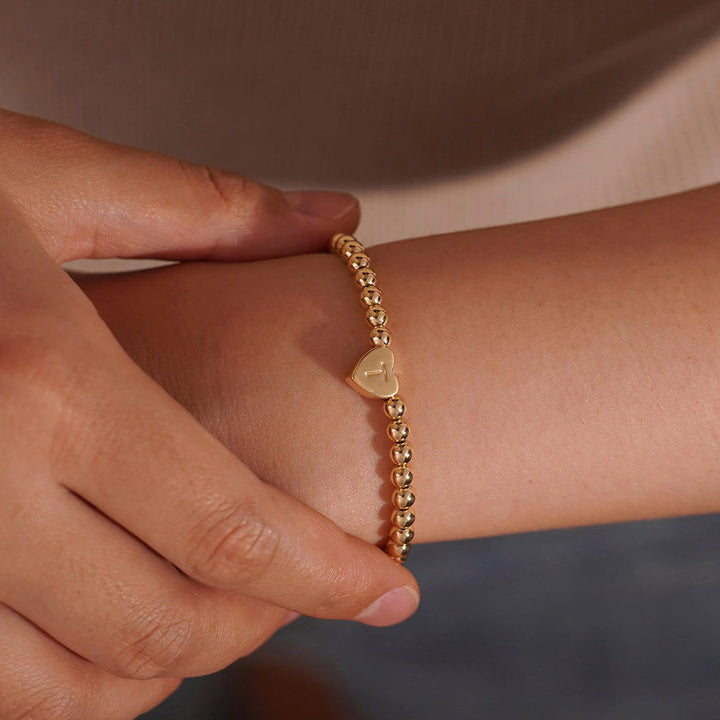 Gold Beaded Bracelet with Heart Initial