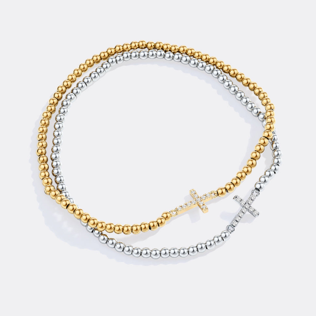 Pulseira Elástica com Cruz e Contas Douradas