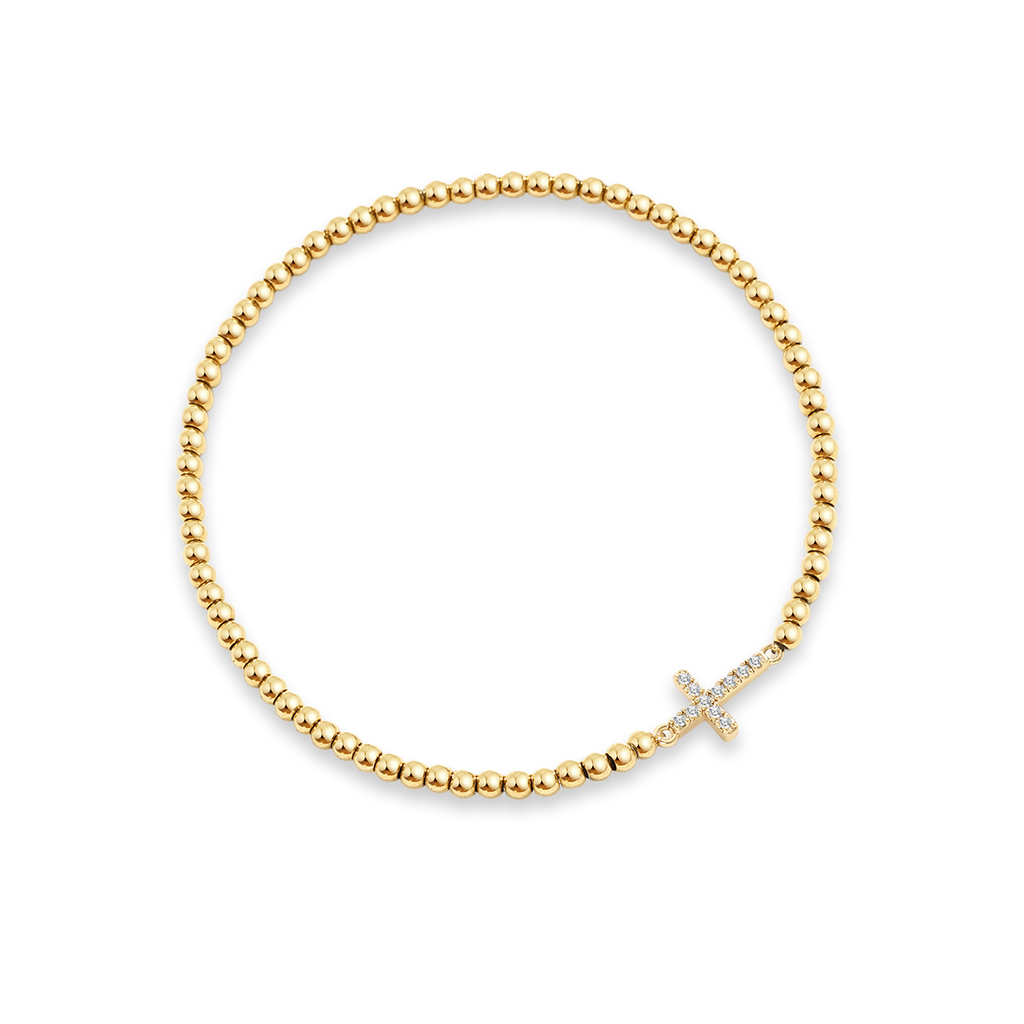 Pulseira Elástica com Cruz e Contas Douradas