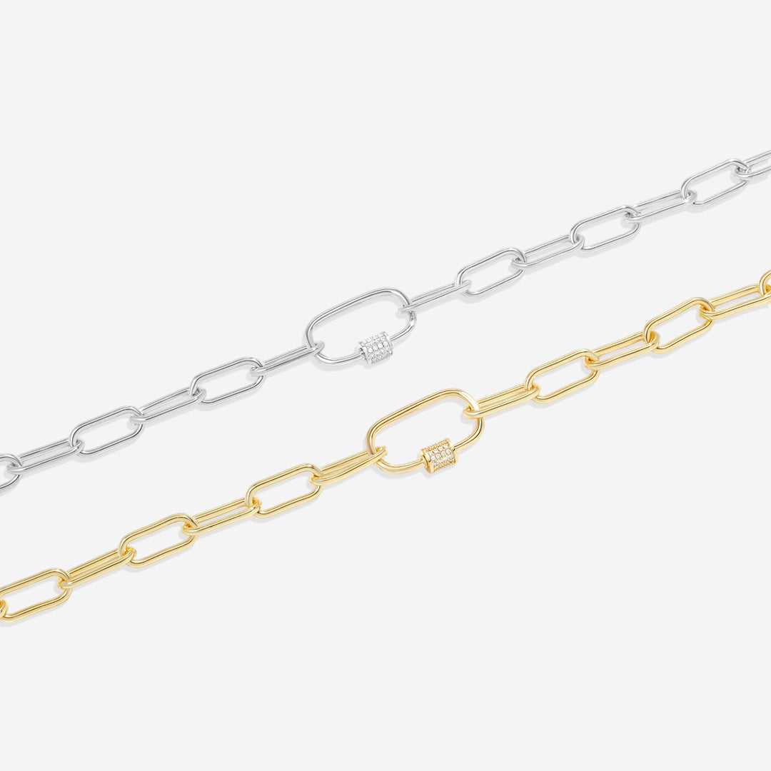 Link Chain Necklace with Pave Carabiner Clasp