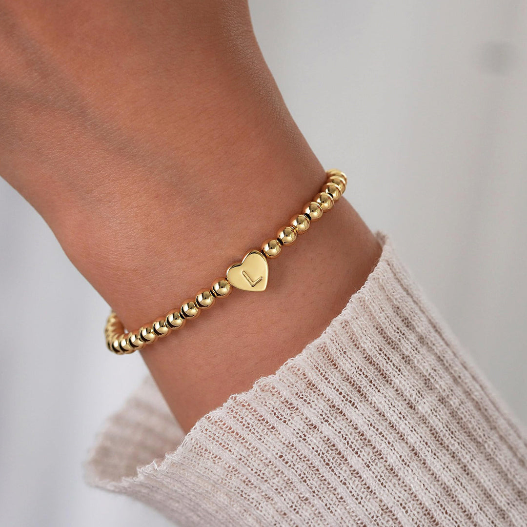 Gold Beaded Bracelet with Heart Initial