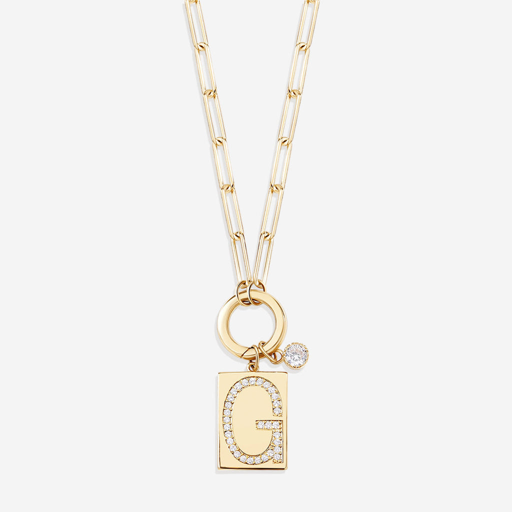 Gold Pave Initial Pendant Necklace with Paperclip Chain