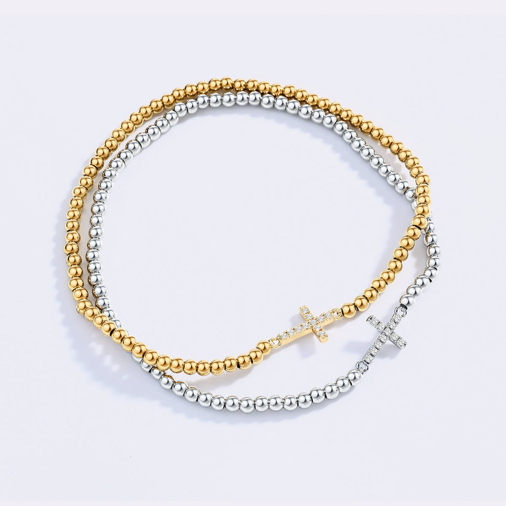 Pulseira Elástica com Cruz e Contas Douradas