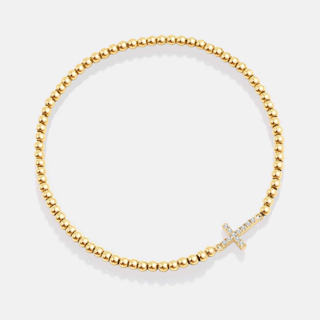 Pulseira Elástica com Cruz e Contas Douradas