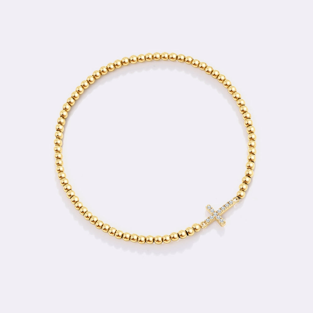 Pulseira Elástica com Cruz e Contas Douradas