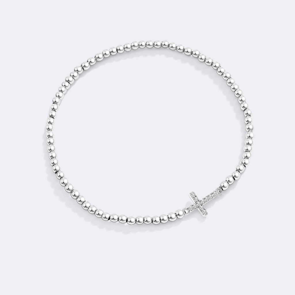 Pulseira Elástica com Cruz e Contas Douradas