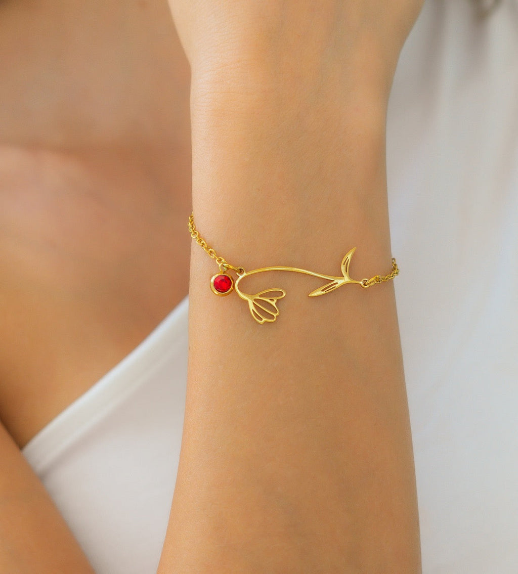 Pulsera delicada de flor de nacimiento con charm de piedra de nacimiento