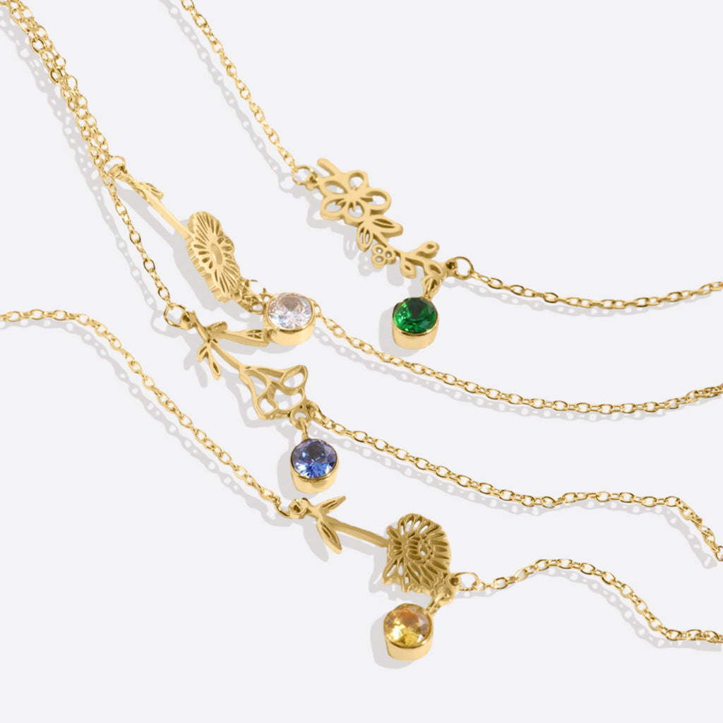Pulsera delicada de flor de nacimiento con charm de piedra de nacimiento