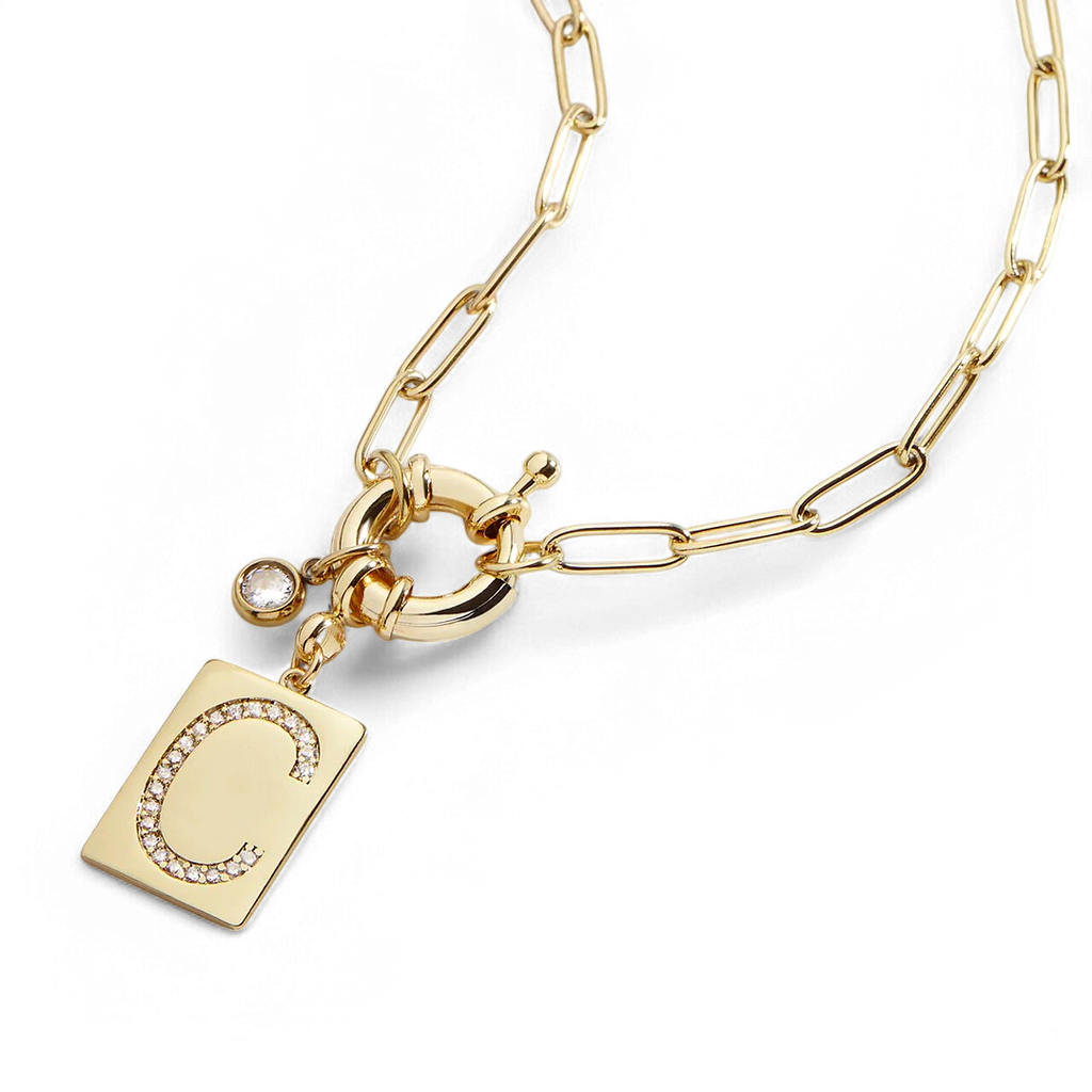 Collier pendentif initial pavé avec chaîne trombone  