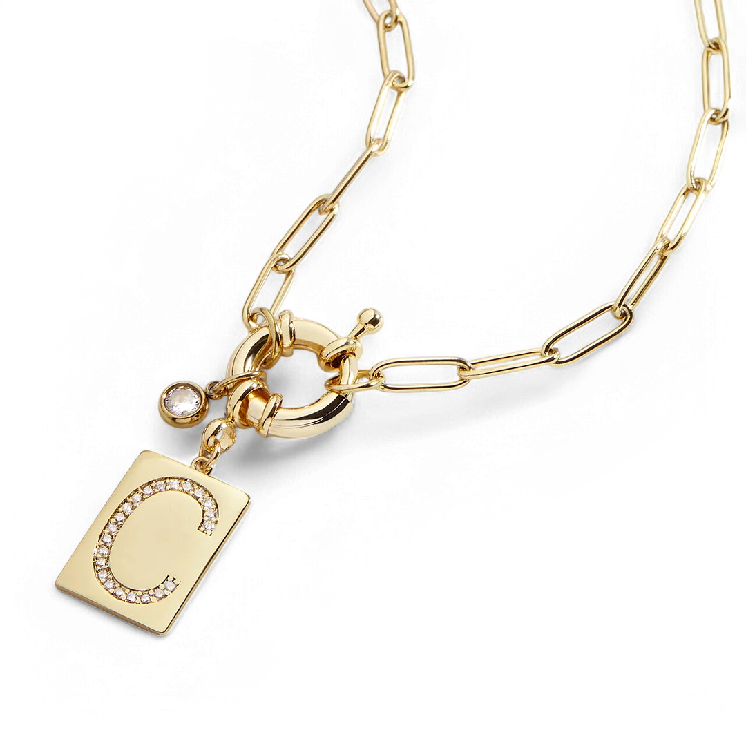 Collier pendentif initial pavé avec chaîne trombone  