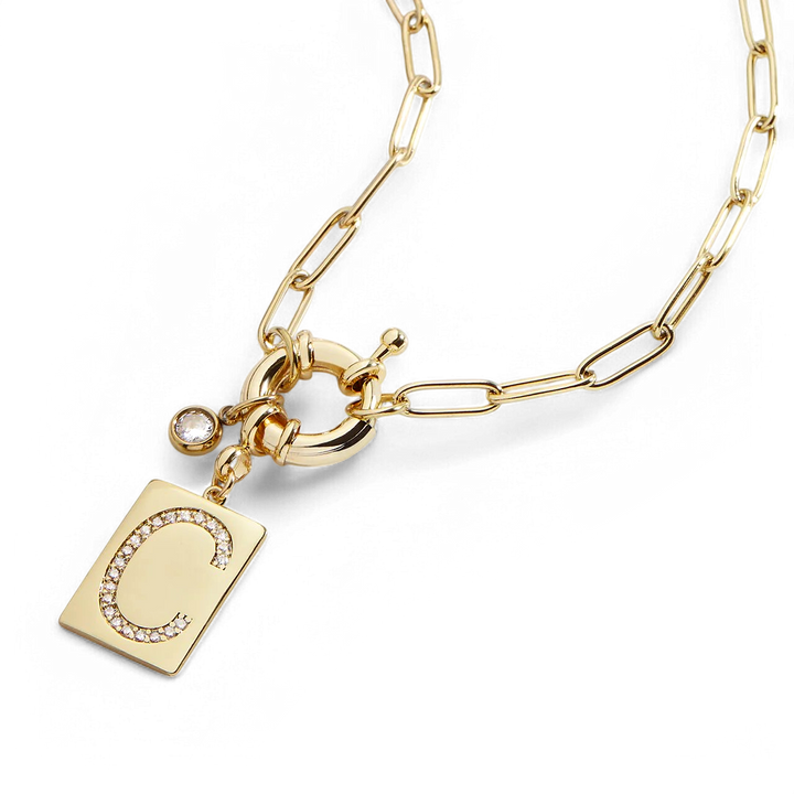 Pave Initial Pendant Necklace with Paperclip Chain
